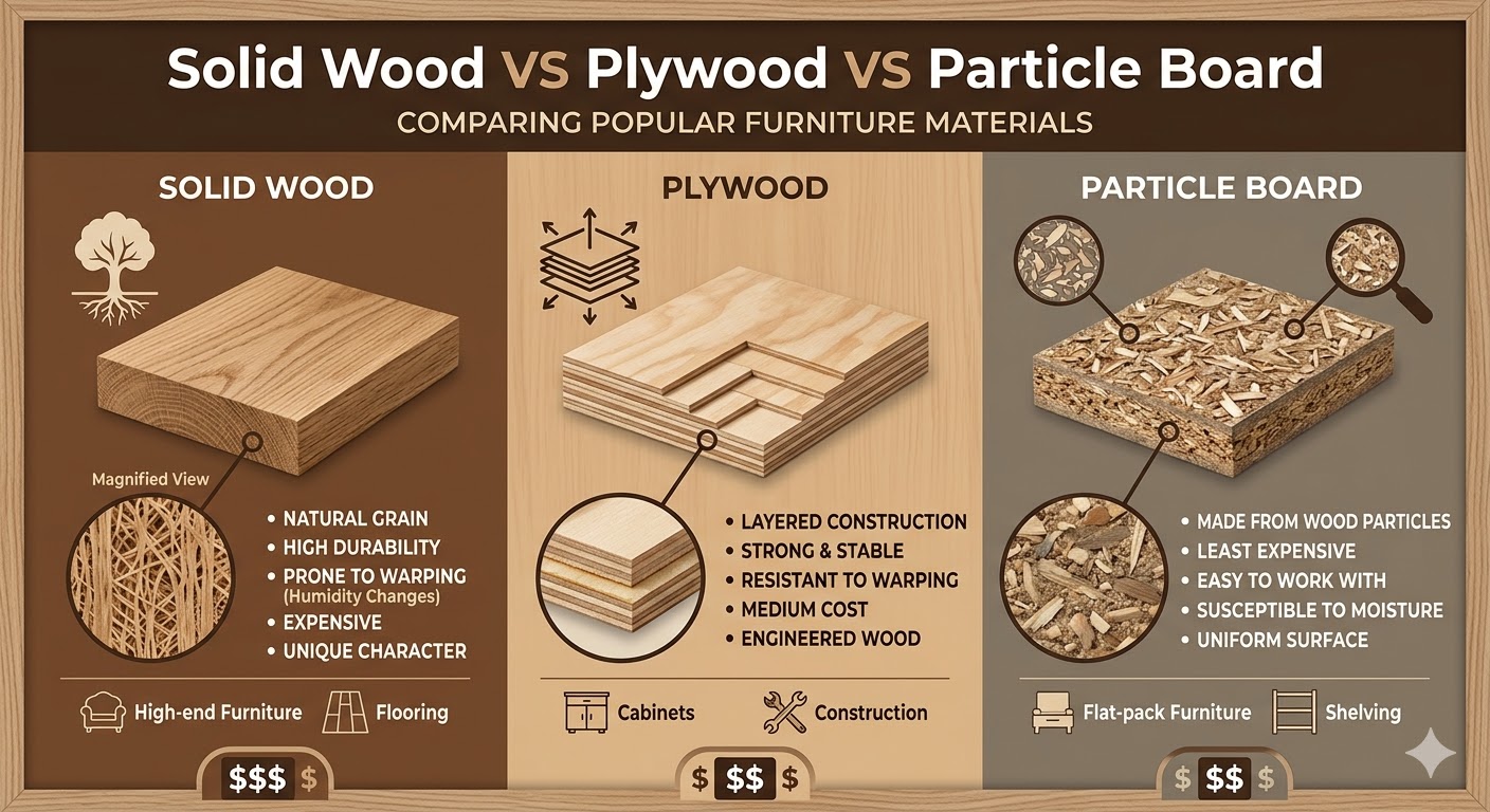 Solid Wood VS Plywood VS Particle Board: 