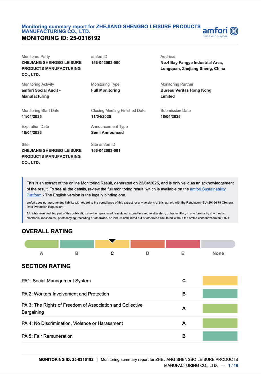 ZHEJIANG SHENGBO LEISURE PRODUCTS MANUFACTURING CO.,LTD